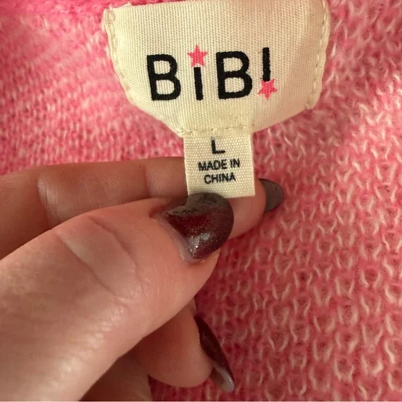 Bibi Large Pink Cream Checkerboard Oversized Button Front Cardigan Sweater - Picture 2 of 5